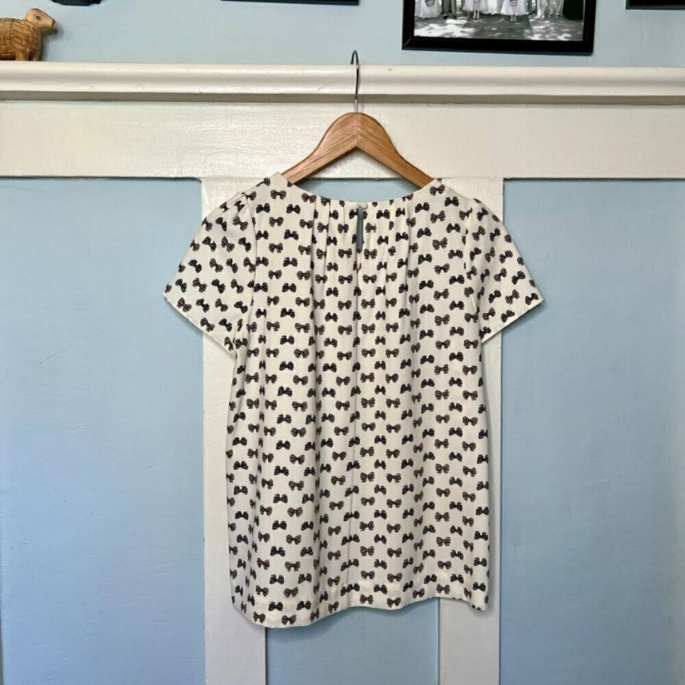 J.Crew White Short Sleeve Silk Blouse with All-Over Bow Print